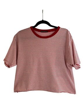 Brandy Melville Red & White Striped Cropped Relax Fit T-Shirt w/Bold Red Color